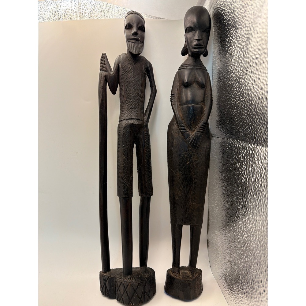 Vintage Hand Carved African Wood Statues Kenya Folk Art Man and Woman Set